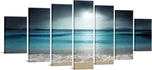 iKNOW FOTO 7 Multi Panel Xlarge Modern Canvas Prints Wall Art Blue Ocean Seascape Pictures Beach Landscape Printed On Canvas Ready to Hang for Living Room Home Office Decor 70x32 inch