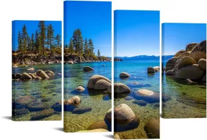 iKNOW FOTO Lake Tahoe Sand Harbor Beach Canvas Wall Art - 4-Panel Mountain and Lake Photography - Sierra Nevada Landscape Nature Decor - Ready to Hang 48"x32" Wall Art for Nature Lovers