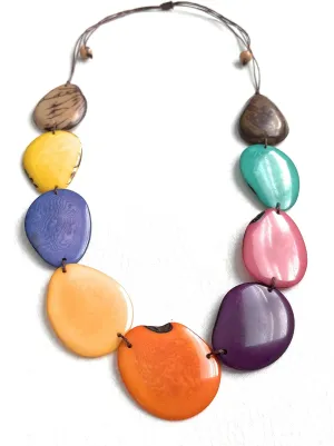 in multi color TAG722, long adjustable length necklace, tagua nut jewelry in rainbow, organic jewelry