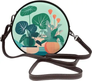 Indoor Cartoon Potted Green Plants Removable Shoulder Strap Waterproof Leather Shoulder Round Bag Crossbody Bag Travel Shopping Dating Handbag Purse