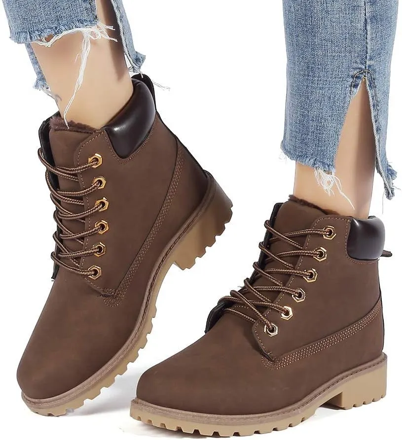 Inornever Winter Snow Boots for Women Waterproof Shoes Flat Lace Up Ankle Booties Low Heel Work Combat Boots
