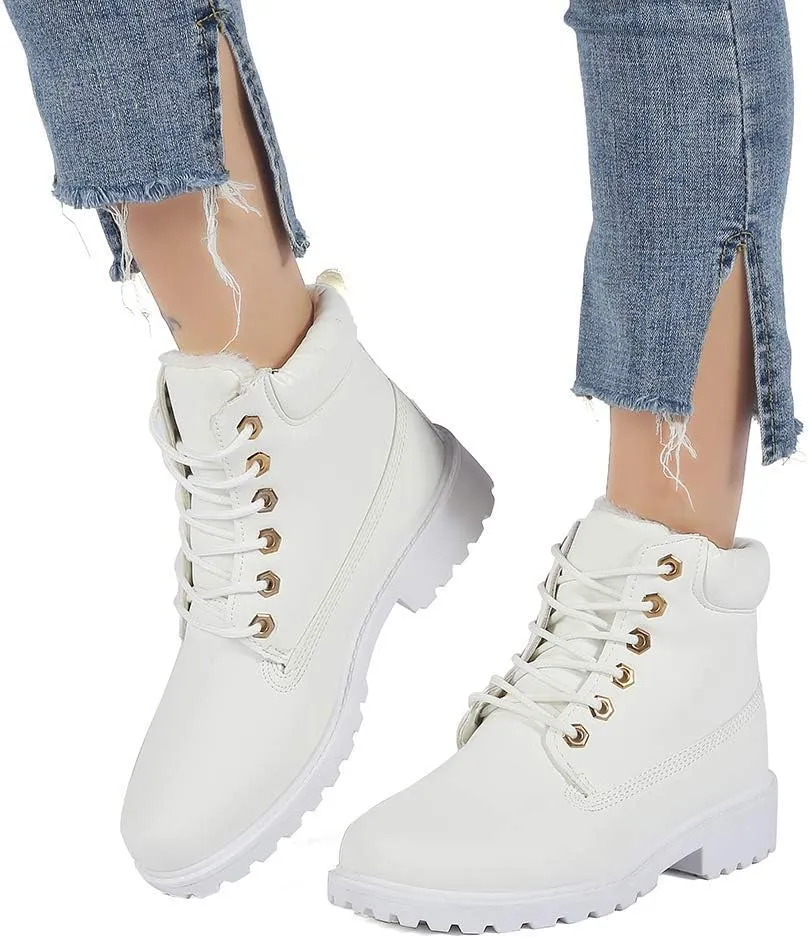 Inornever Winter Snow Boots for Women Waterproof Shoes Flat Lace Up Ankle Booties Low Heel Work Combat Boots
