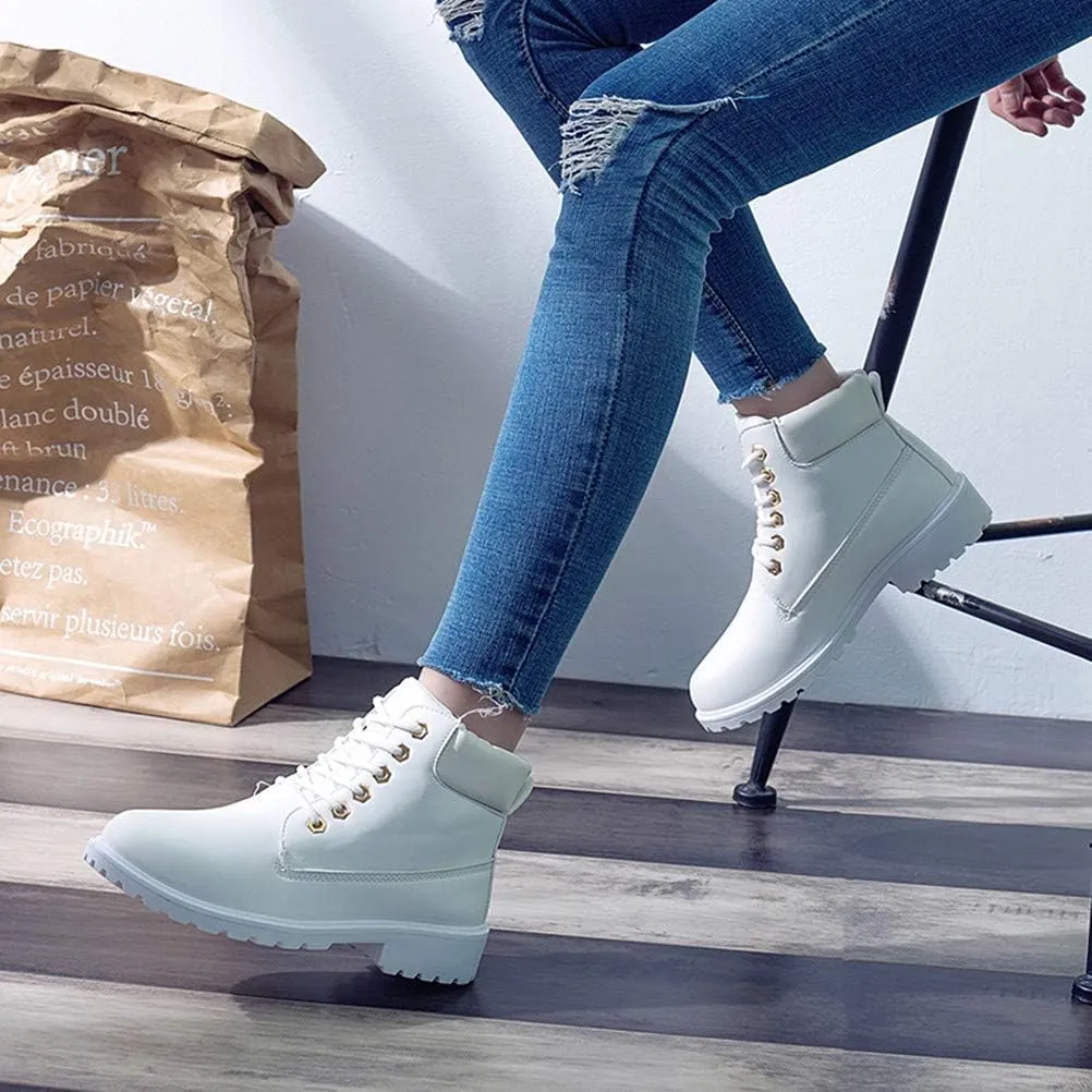 Inornever Winter Snow Boots for Women Waterproof Shoes Flat Lace Up Ankle Booties Low Heel Work Combat Boots