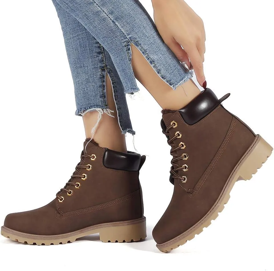 Inornever Winter Snow Boots for Women Waterproof Shoes Flat Lace Up Ankle Booties Low Heel Work Combat Boots