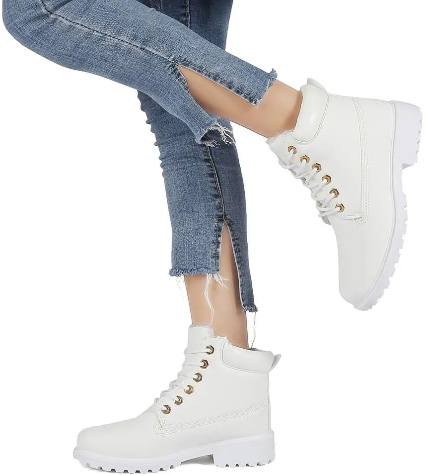 Inornever Winter Snow Boots for Women Waterproof Shoes Flat Lace Up Ankle Booties Low Heel Work Combat Boots