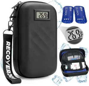 Insulin TSA Approved Insulin Cooler Travel Case Diabetic Medication Bag With Temperature Display Small Refrigerated Medicine Diamond Pattern Organizer Bag for Travel & 2 Ice Pack-Black