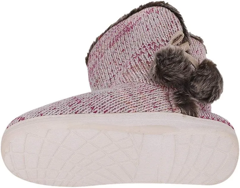 IPENNY Womens Warm Fleece Lined House Slippers with Pom Poms Soft Knit Ankle Bootie