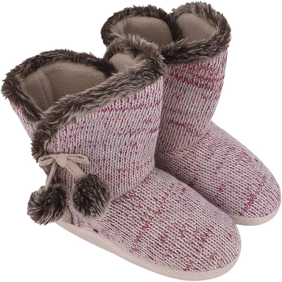 IPENNY Womens Warm Fleece Lined House Slippers with Pom Poms Soft Knit Ankle Bootie