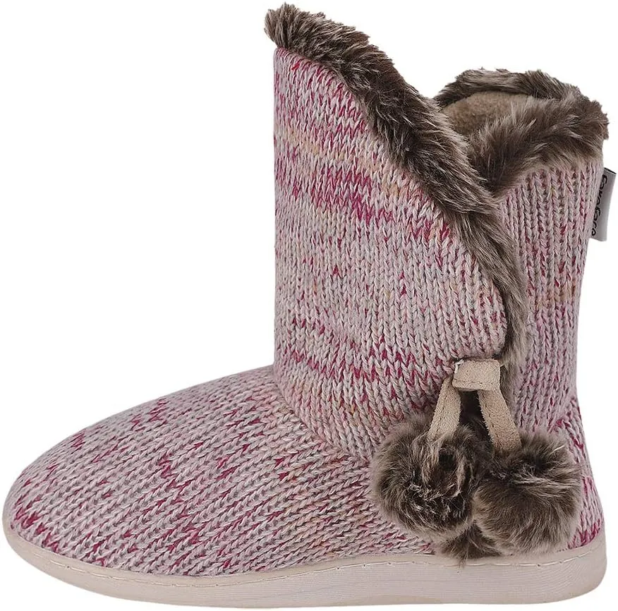 IPENNY Womens Warm Fleece Lined House Slippers with Pom Poms Soft Knit Ankle Bootie
