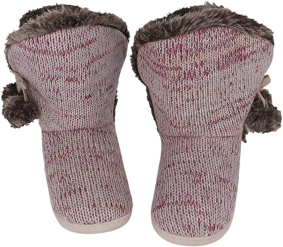 IPENNY Womens Warm Fleece Lined House Slippers with Pom Poms Soft Knit Ankle Bootie