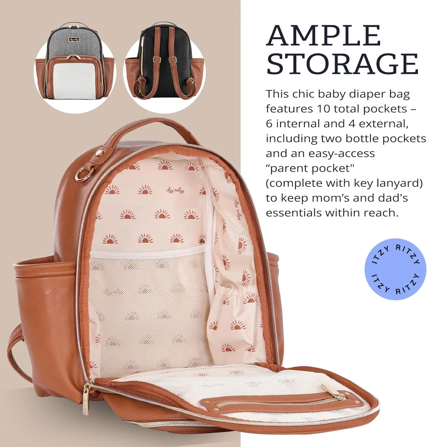 Itzy Ritzy Mini Plus Diaper Bag, Cognac