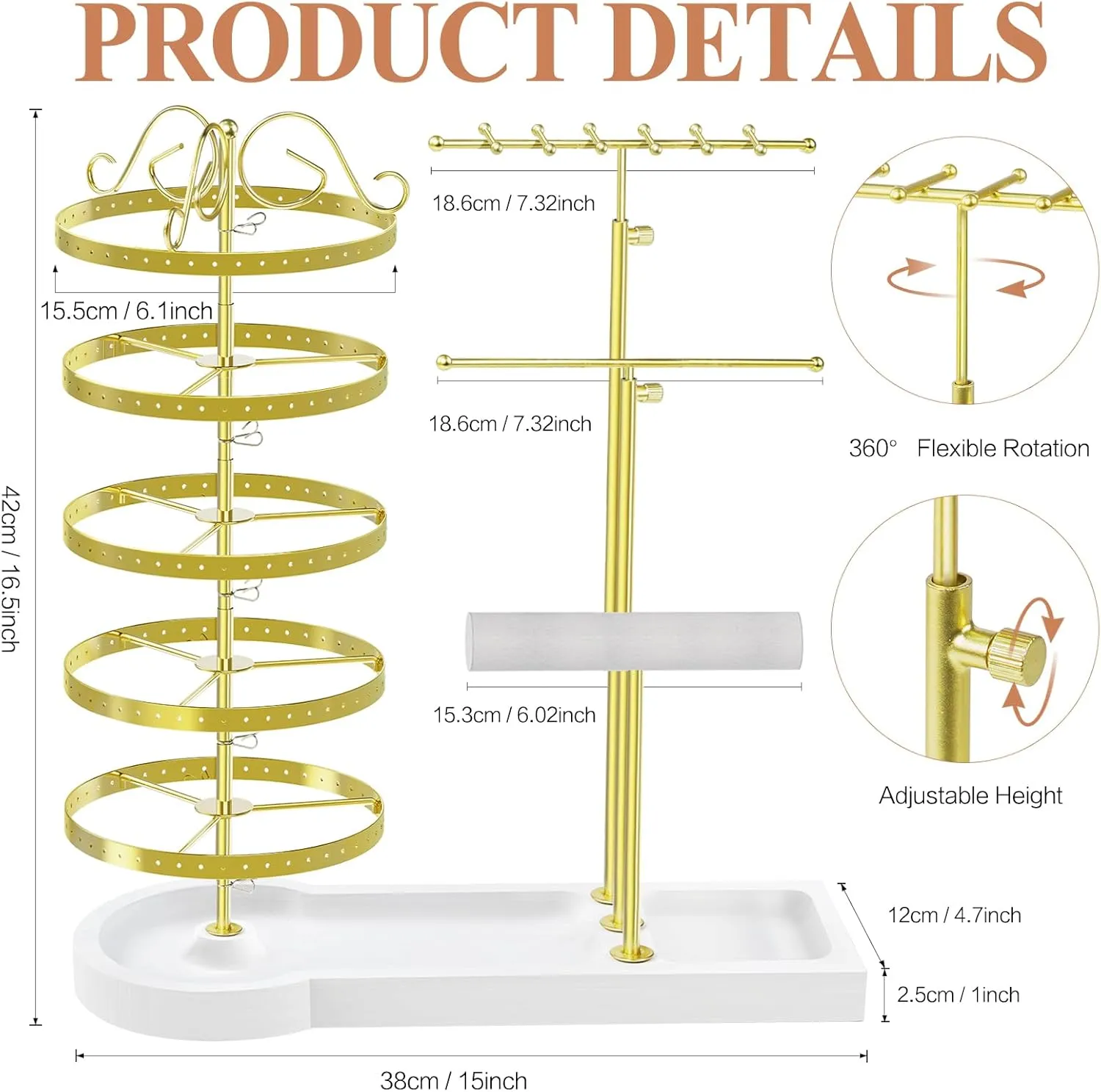 Jewelry Earring Holder Organizer, Adjustable 5 Tiers Rotating Earring Holder 3 Tier Necklace Holder with Wooden Base, Multi-Functional Jewelry Organizer Display Stand for Studs Bracelet Women(Gold)