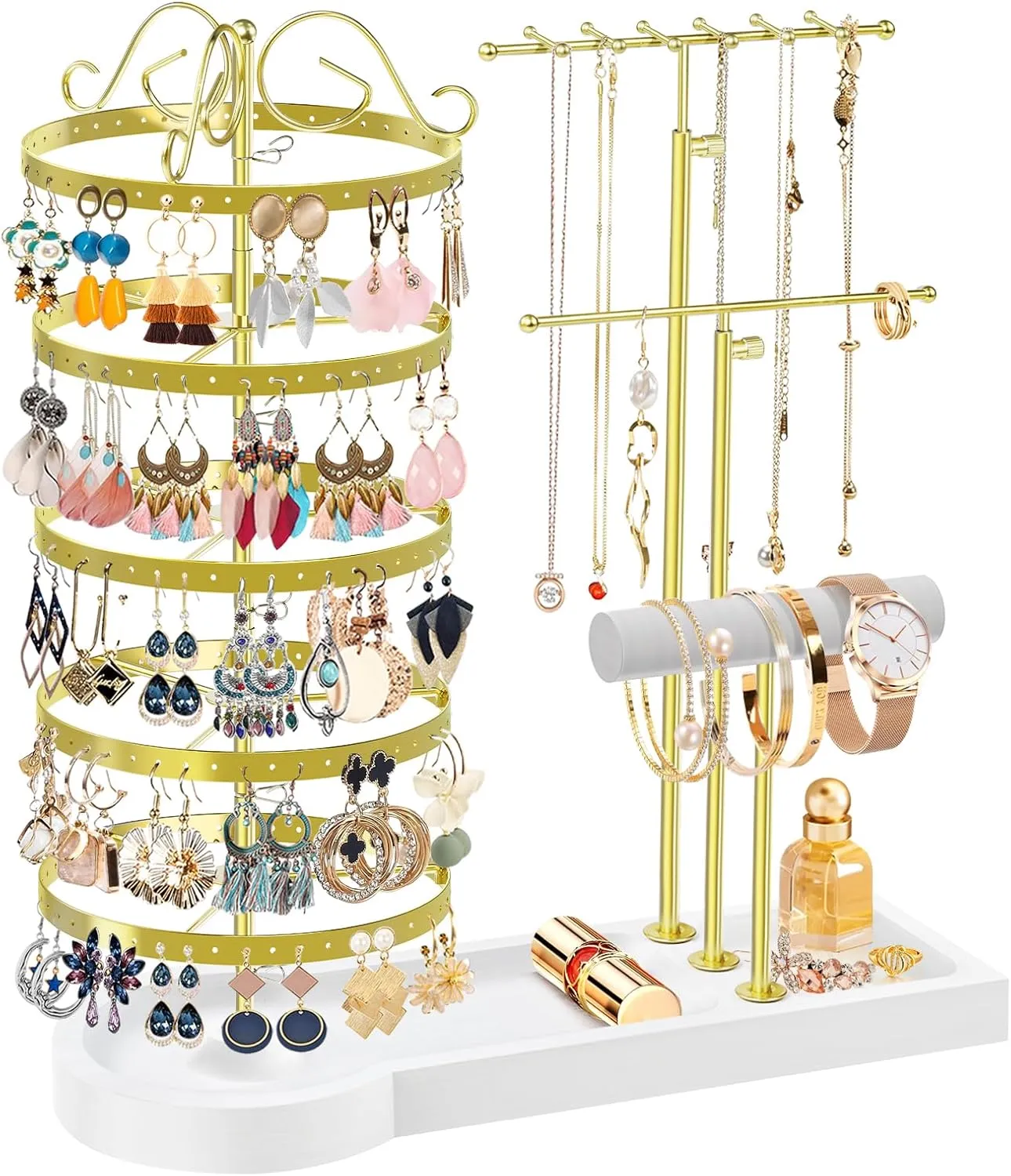 Jewelry Earring Holder Organizer, Adjustable 5 Tiers Rotating Earring Holder 3 Tier Necklace Holder with Wooden Base, Multi-Functional Jewelry Organizer Display Stand for Studs Bracelet Women(Gold)