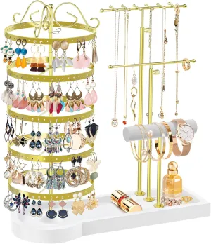Jewelry Earring Holder Organizer, Adjustable 5 Tiers Rotating Earring Holder 3 Tier Necklace Holder with Wooden Base, Multi-Functional Jewelry Organizer Display Stand for Studs Bracelet Women(Gold)
