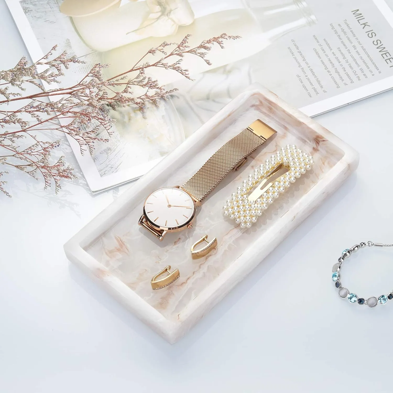 Jewelry Organizer Resin Tray, Bathroom Kitchen Dresser Vanity Tray Jewelry Dish Ring Cosmetic Organizer for Candle Perfume Soap Shampoo Small Plant Home Decor, Mini Size - Ink Khaki