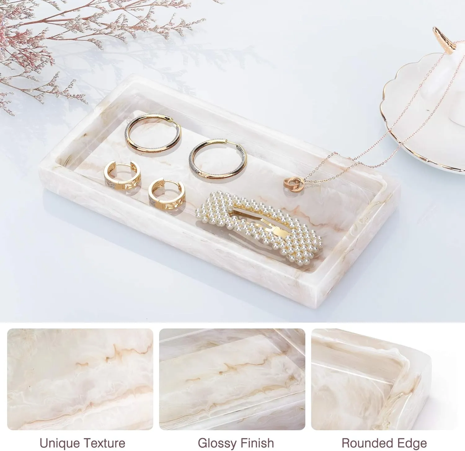 Jewelry Organizer Resin Tray, Bathroom Kitchen Dresser Vanity Tray Jewelry Dish Ring Cosmetic Organizer for Candle Perfume Soap Shampoo Small Plant Home Decor, Mini Size - Ink Khaki
