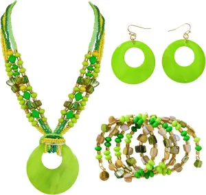 Jewelry Sets for Women 4 Pcs Chunky Beaded Mrs Roper Costume Jewelry for Women Boho Multi Strand Colorful Shell Necklace for Women