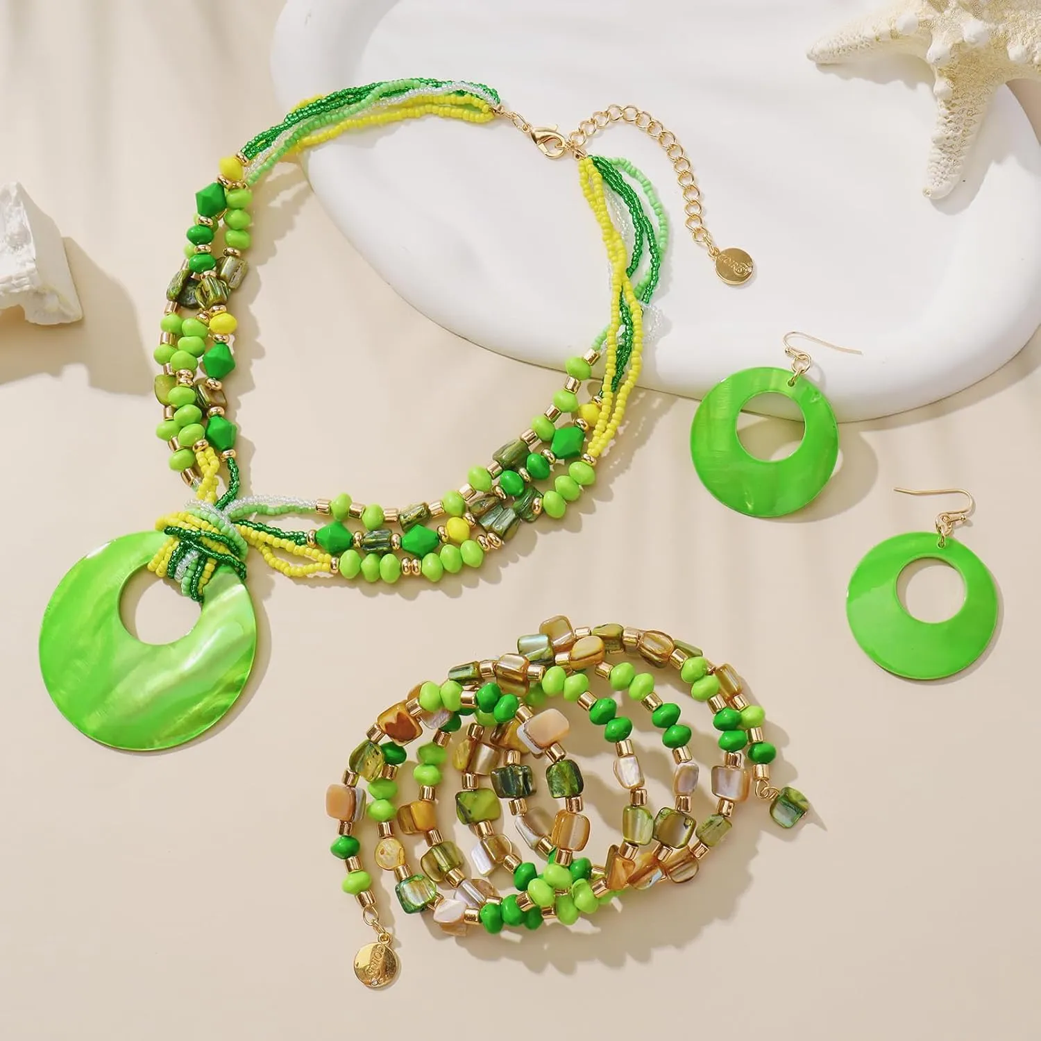 Jewelry Sets for Women 4 Pcs Chunky Beaded Mrs Roper Costume Jewelry for Women Boho Multi Strand Colorful Shell Necklace for Women
