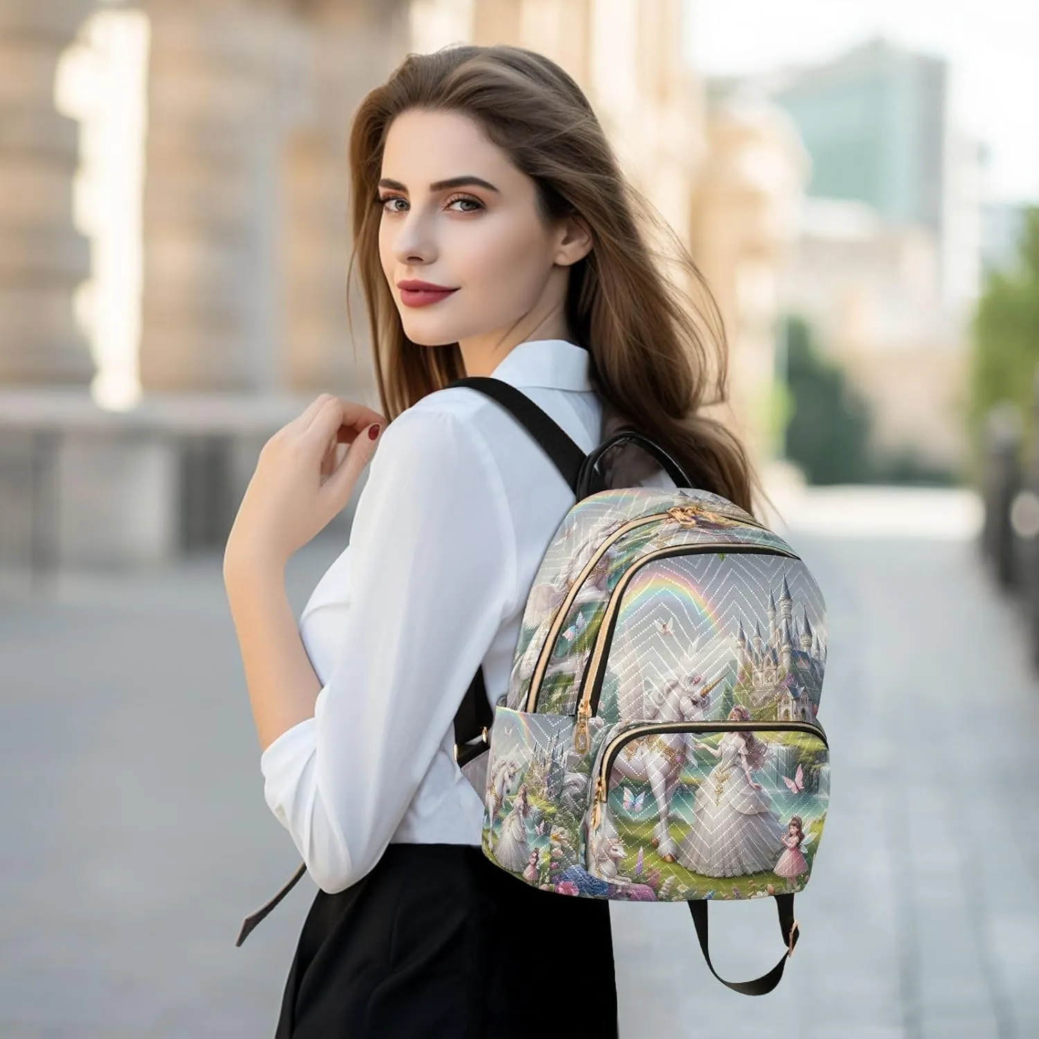 Joisal Beautiful Princess with White Unicorn Ladies Backpack Anti Theft Gym Backpack, Backpack Travel