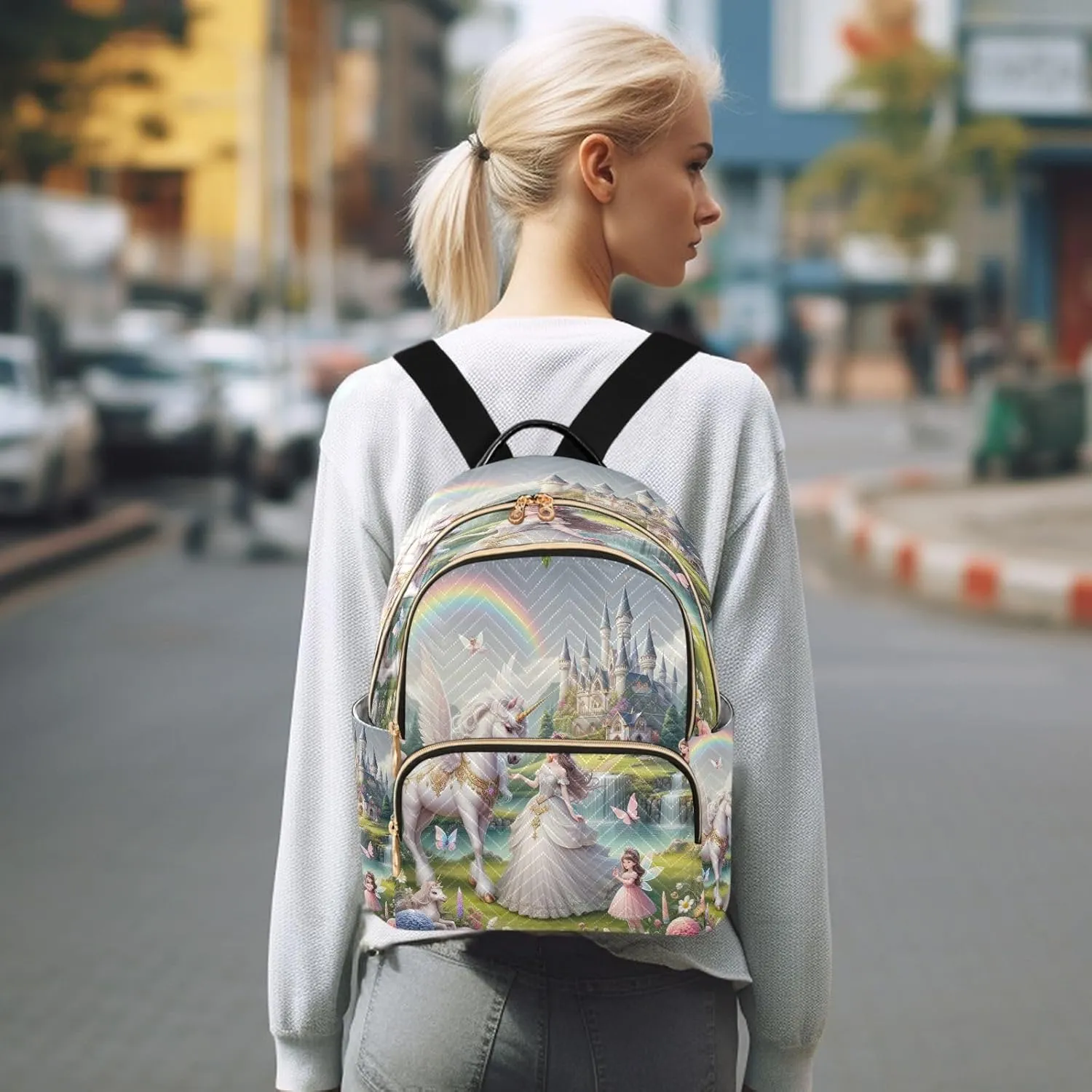 Joisal Beautiful Princess with White Unicorn Ladies Backpack Anti Theft Gym Backpack, Backpack Travel
