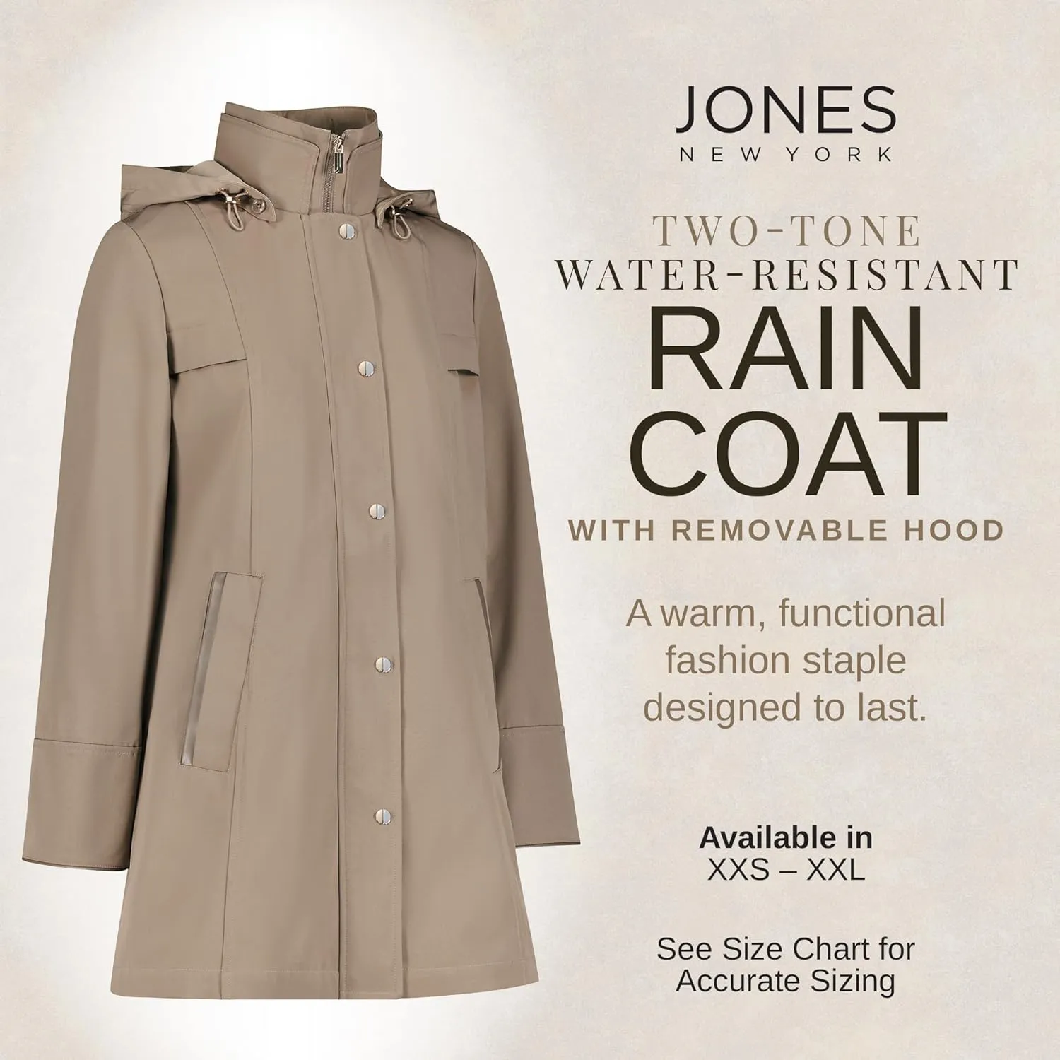 Jones NY Rain Jacket Women - Women's Spring Jacket with Hood - Long Womens Rain Coat - Waterproof Windbreaker for Women