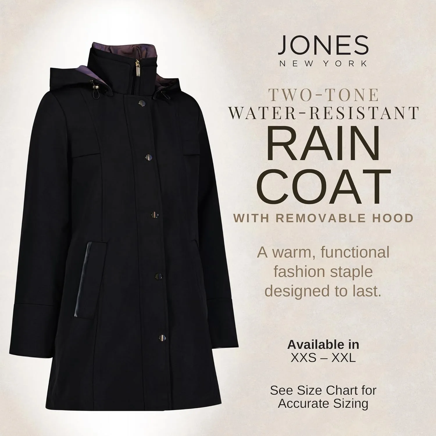 Jones NY Rain Jacket Women - Women's Spring Jacket with Hood - Long Womens Rain Coat - Waterproof Windbreaker for Women