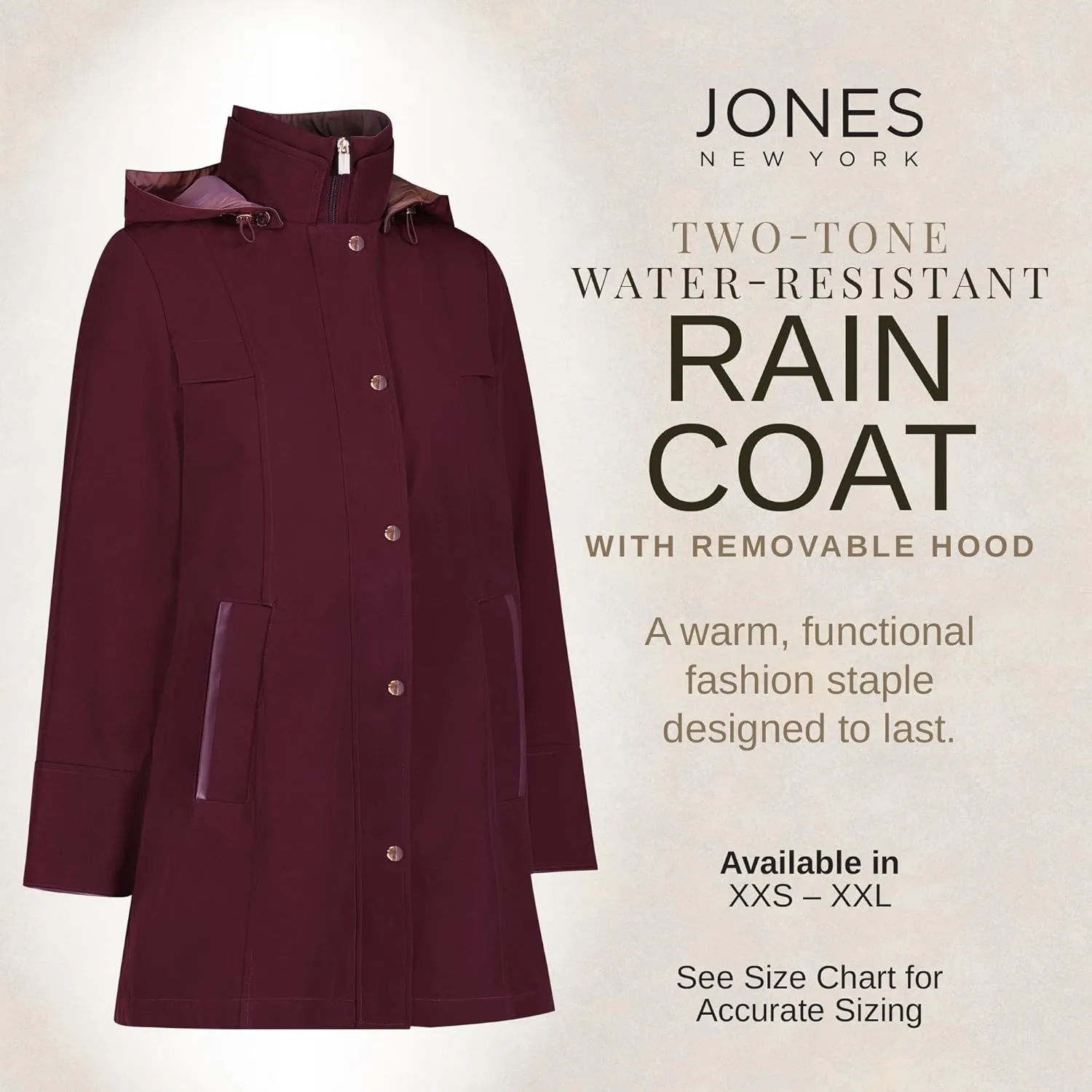 Jones NY Rain Jacket Women - Women's Spring Jacket with Hood - Long Womens Rain Coat - Waterproof Windbreaker for Women