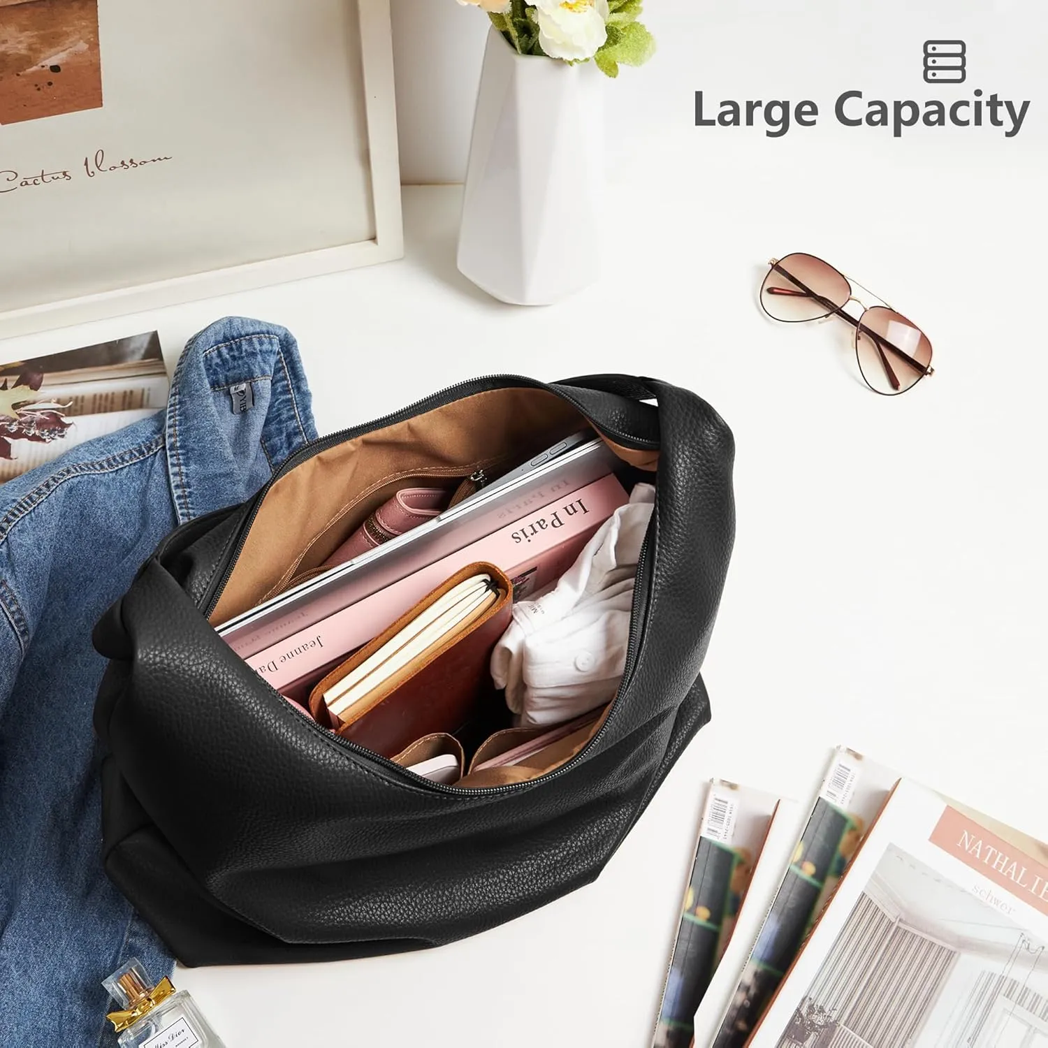 KALIDI Casual Tote Bag Vegan Leather Hobo Zipper Work Bag Weekender Shoulder for Women Shoulder Travel Purse