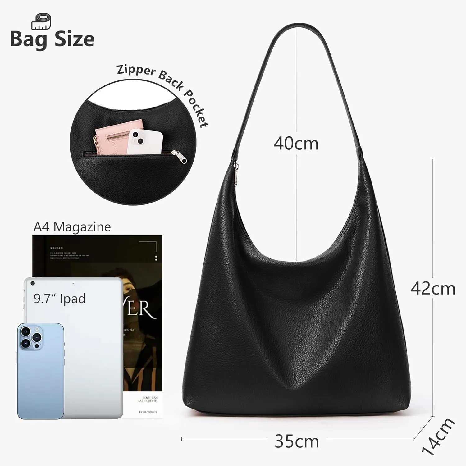 KALIDI Casual Tote Bag Vegan Leather Hobo Zipper Work Bag Weekender Shoulder for Women Shoulder Travel Purse
