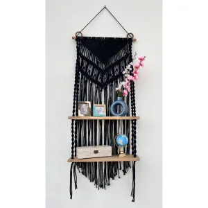 Kalpa Handcrafted Black Macramé Wall Hanging with Dual Wooden Shelves