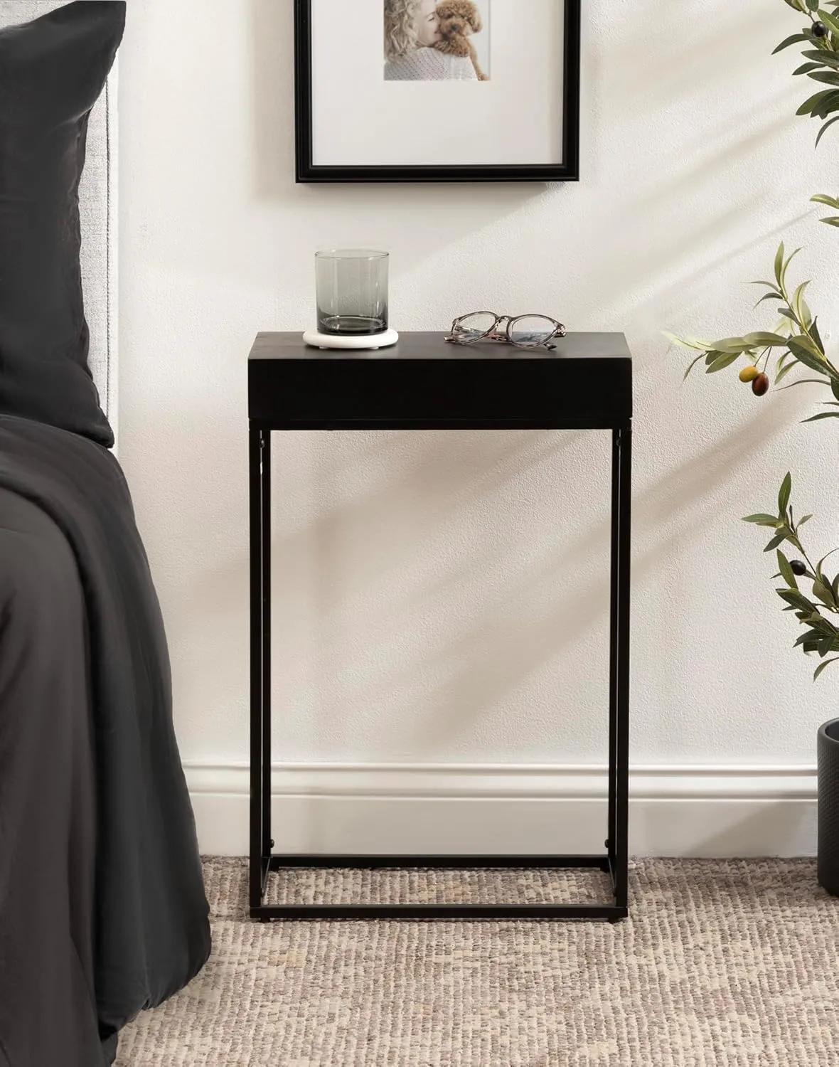 Kate and Laurel Karlsen Modern Wood and Metal Narrow Side Table; 16 x 8 x 24; Black; Minimal Slim End Table for Use as Bedroom Nightstand or Accent Entryway Table