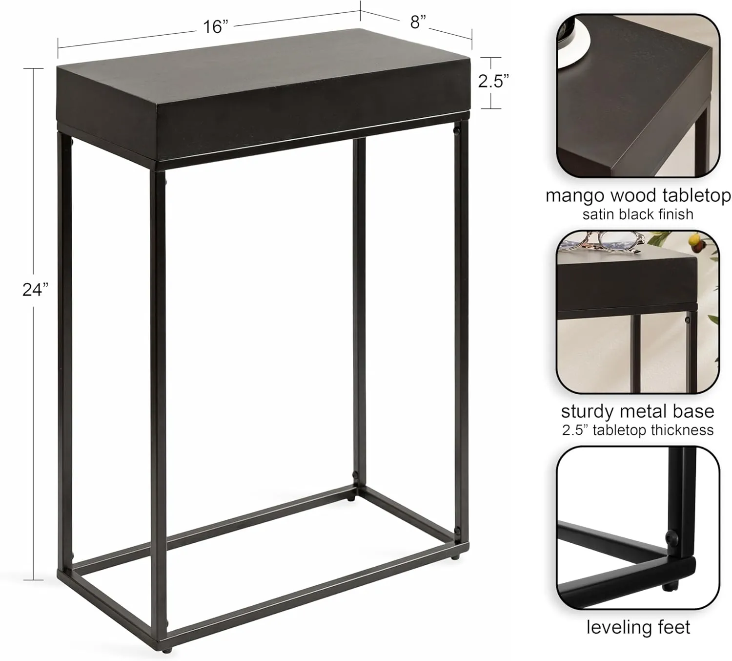 Kate and Laurel Karlsen Modern Wood and Metal Narrow Side Table; 16 x 8 x 24; Black; Minimal Slim End Table for Use as Bedroom Nightstand or Accent Entryway Table