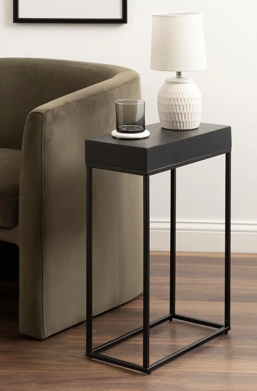 Kate and Laurel Karlsen Modern Wood and Metal Narrow Side Table; 16 x 8 x 24; Black; Minimal Slim End Table for Use as Bedroom Nightstand or Accent Entryway Table