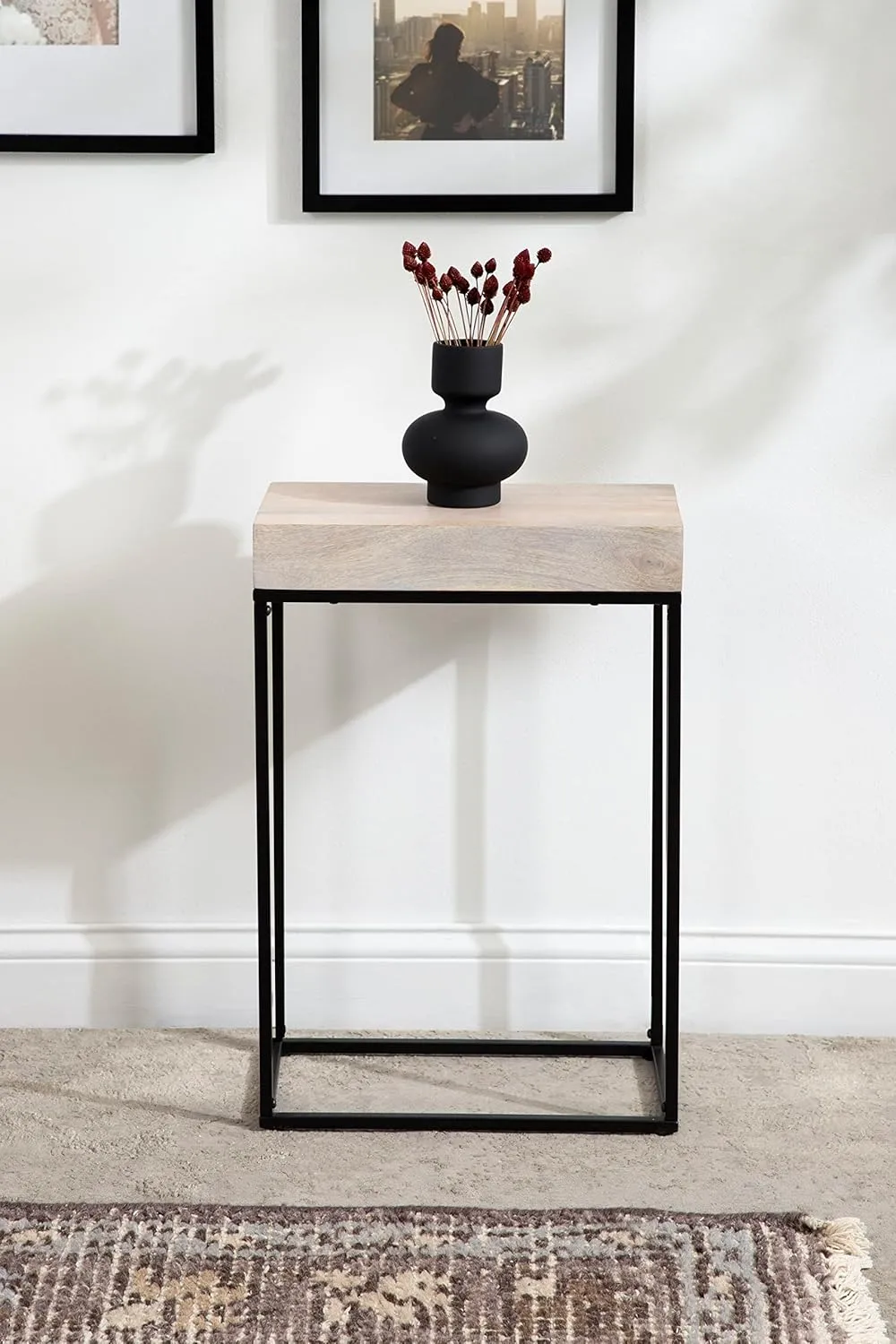 Kate and Laurel Karlsen Wood and Metal Narrow Side Table; 16 x 24 x 8; Whitewash and Black; Modern Transitional Slim Nightstand with Mixed Materials Design