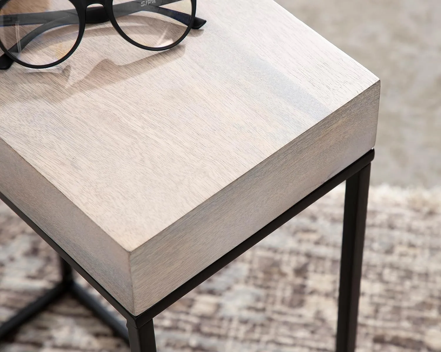 Kate and Laurel Karlsen Wood and Metal Narrow Side Table; 16 x 24 x 8; Whitewash and Black; Modern Transitional Slim Nightstand with Mixed Materials Design