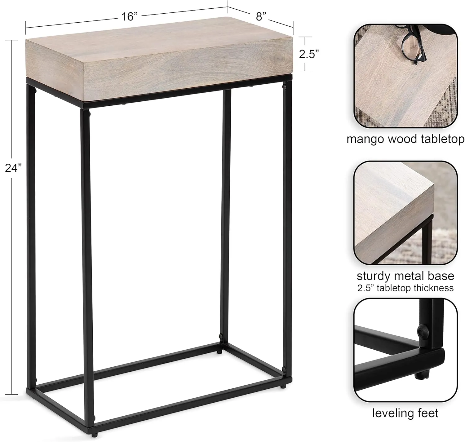 Kate and Laurel Karlsen Wood and Metal Narrow Side Table; 16 x 24 x 8; Whitewash and Black; Modern Transitional Slim Nightstand with Mixed Materials Design