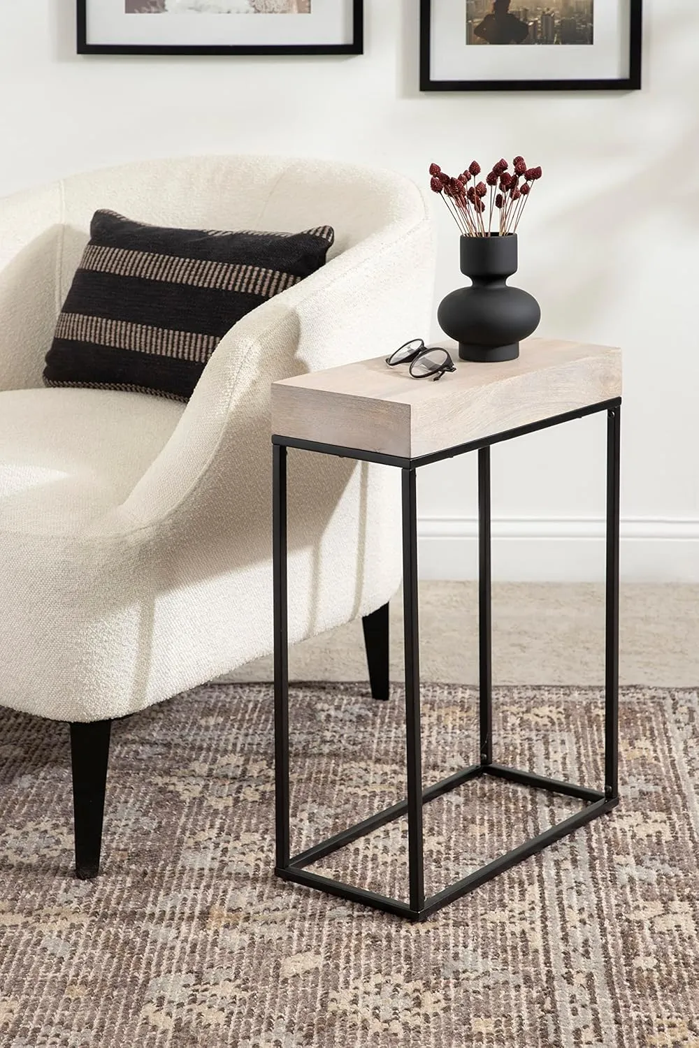 Kate and Laurel Karlsen Wood and Metal Narrow Side Table; 16 x 24 x 8; Whitewash and Black; Modern Transitional Slim Nightstand with Mixed Materials Design