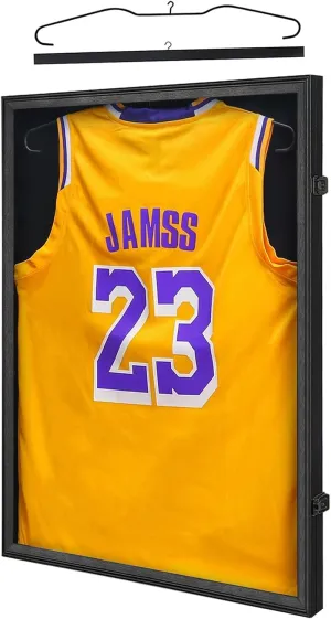 KCRasan Jersey Frame Display Case - Jersey Display Case - Large Lockable Frames Shadow Box with UV Protection for Baseball Basketball Football Soccer Hockey Sport Shirt, Black Finish, Black Locks