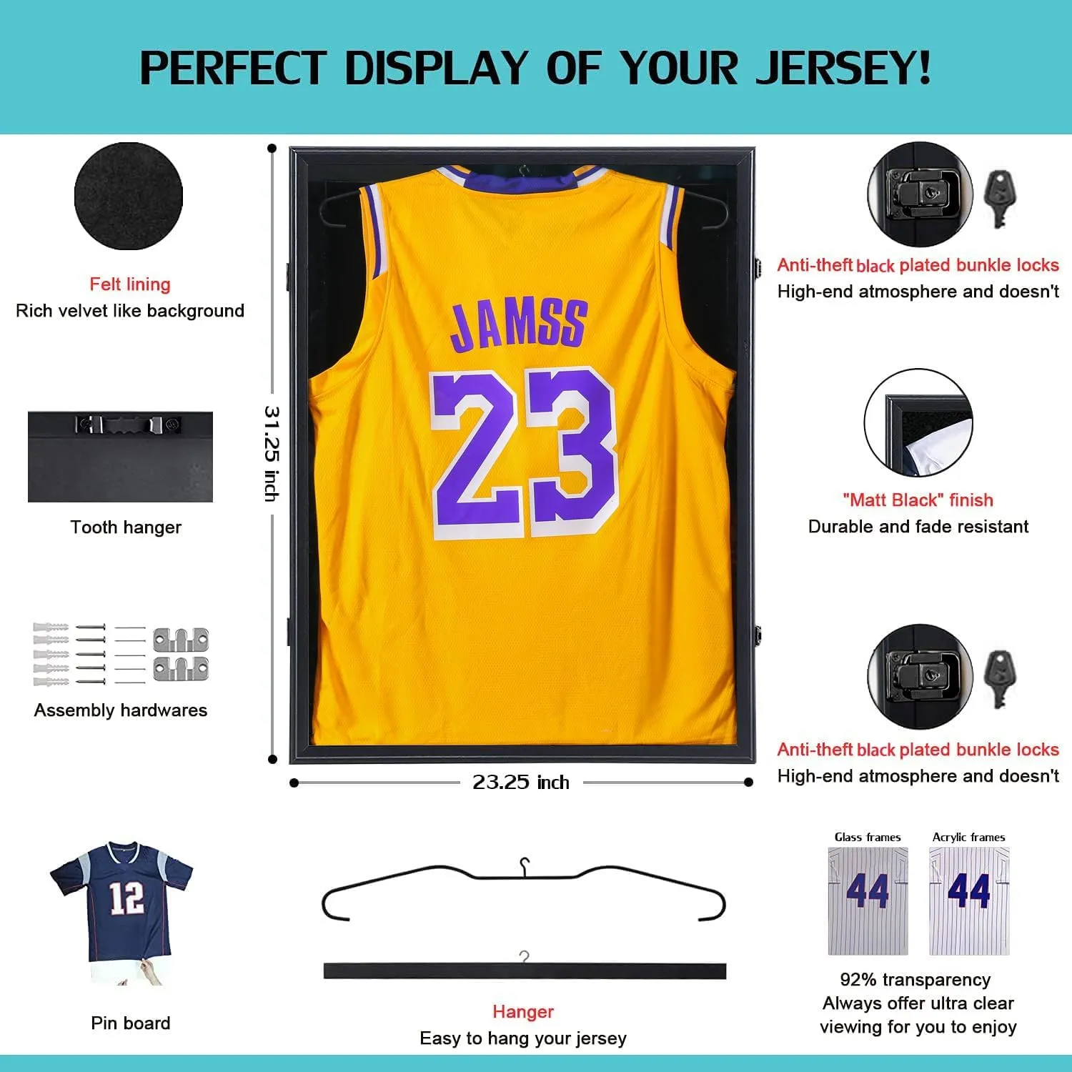 KCRasan Jersey Frame Display Case - Jersey Display Case - Large Lockable Frames Shadow Box with UV Protection for Baseball Basketball Football Soccer Hockey Sport Shirt, Black Finish, Black Locks