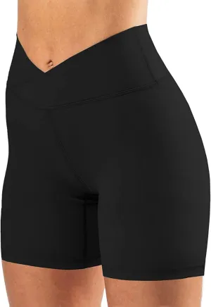 keriffe Womens Crossover Biker Shorts 5" High Waisted Yoga Workout Athletic Running Spandex Shorts