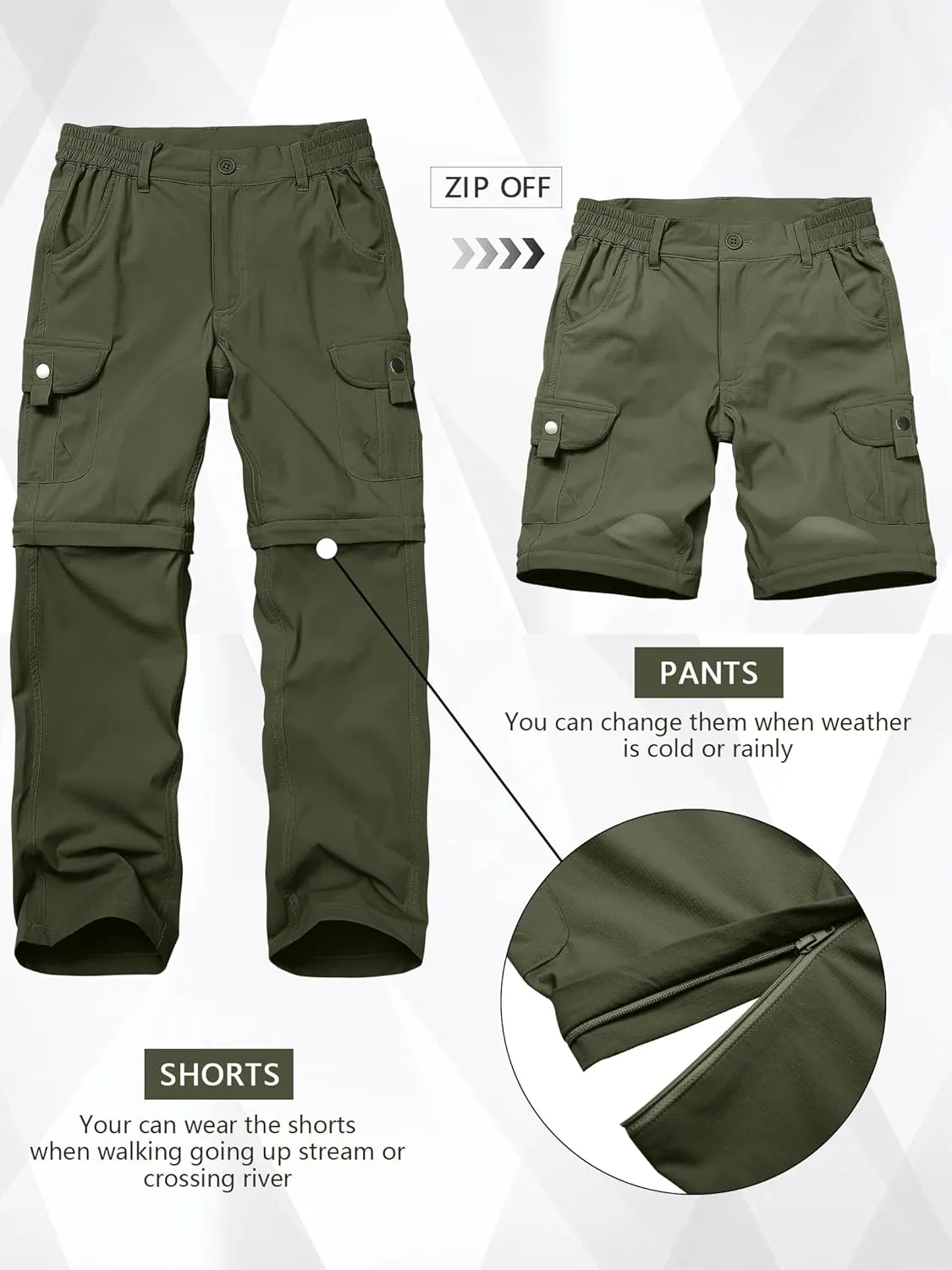 Kids' Cargo Pants, Boys Convertible Hiking Pants, Boy Zip Off Outdoor Casual Pants Quick Dry Climbing Trousers for Youth