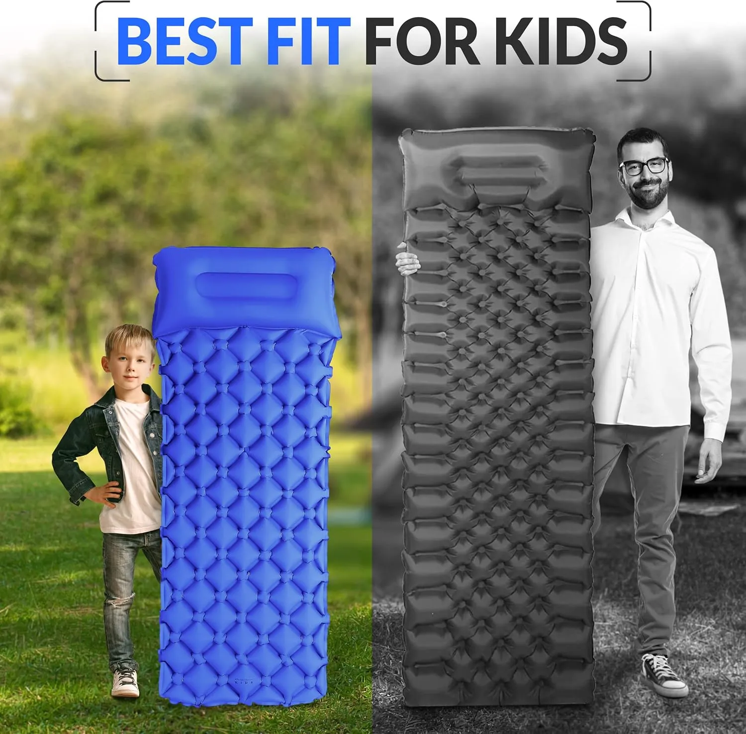 Kids Sleeping Pad for Camping and Sleepovers with Pillow, Inflatable Camping Mattress for Backpacking & Travel, Thick Toddler Cot Mat, Fast Inflating Camping Sleeping Pads for Kids