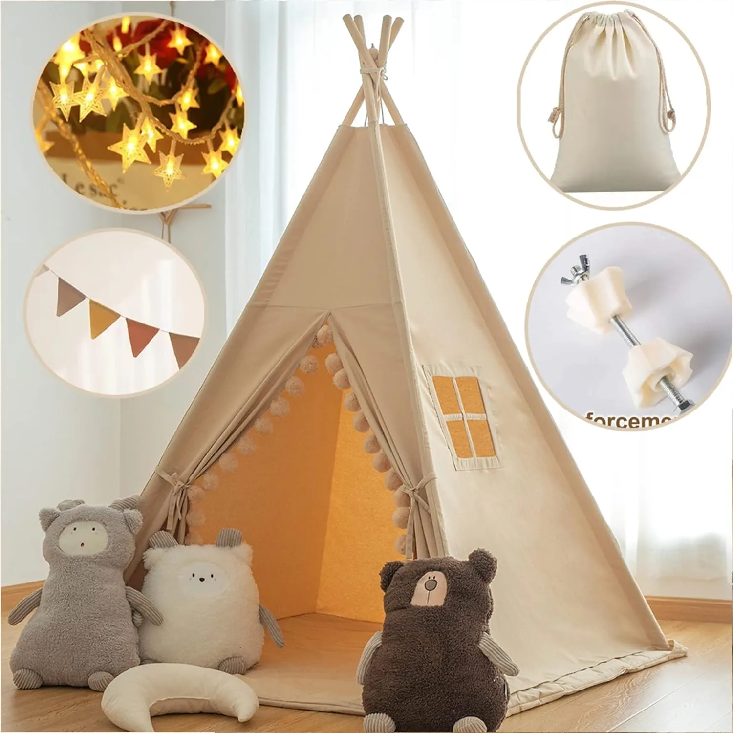 Kids Teepee Tent with Lights &Large Pompoms & Carry Bag, Machine Washable Tent for Kids Indoor, Toddler Teepee for Girls & Boys（Without Mat）