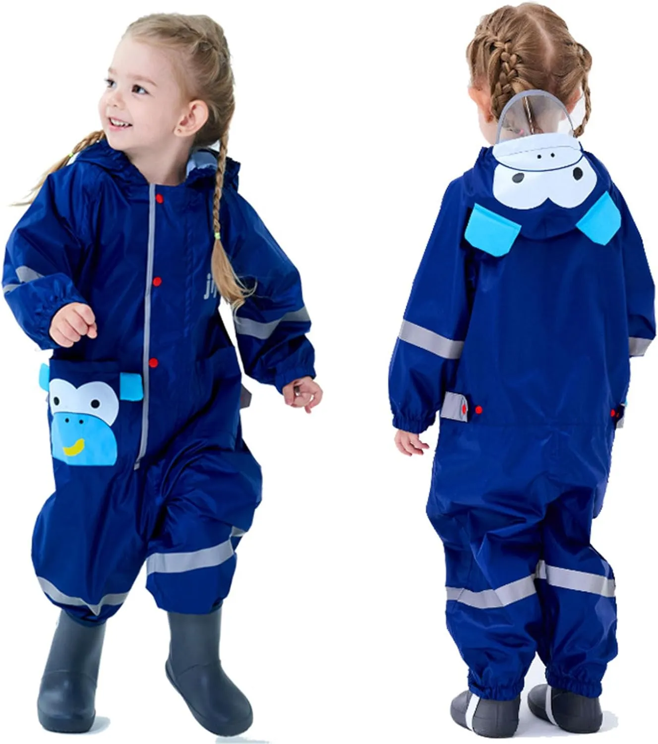 Kids Toddler Rain Suit for Boys Girls One Piece Hoodie Zipper Cute Cartoon Waterproof Rain Jacket 1-10 Years S-XL Size