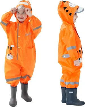 Kids Toddler Rain Suit for Boys Girls One Piece Hoodie Zipper Cute Cartoon Waterproof Rain Jacket 1-10 Years S-XL Size