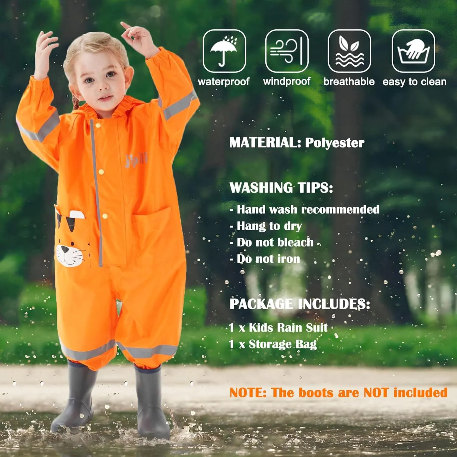 Kids Toddler Rain Suit for Boys Girls One Piece Hoodie Zipper Cute Cartoon Waterproof Rain Jacket 1-10 Years S-XL Size
