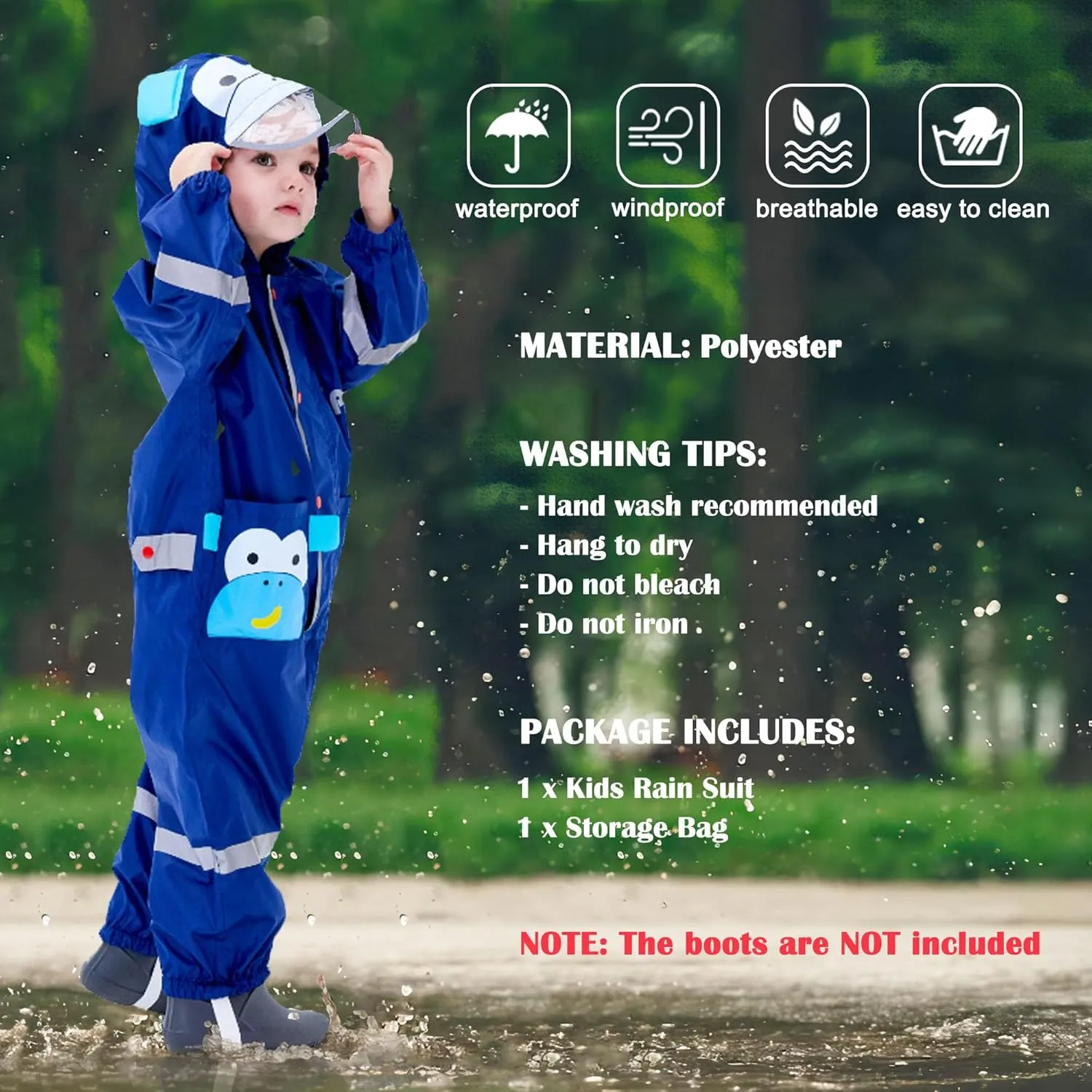 Kids Toddler Rain Suit for Boys Girls One Piece Hoodie Zipper Cute Cartoon Waterproof Rain Jacket 1-10 Years S-XL Size