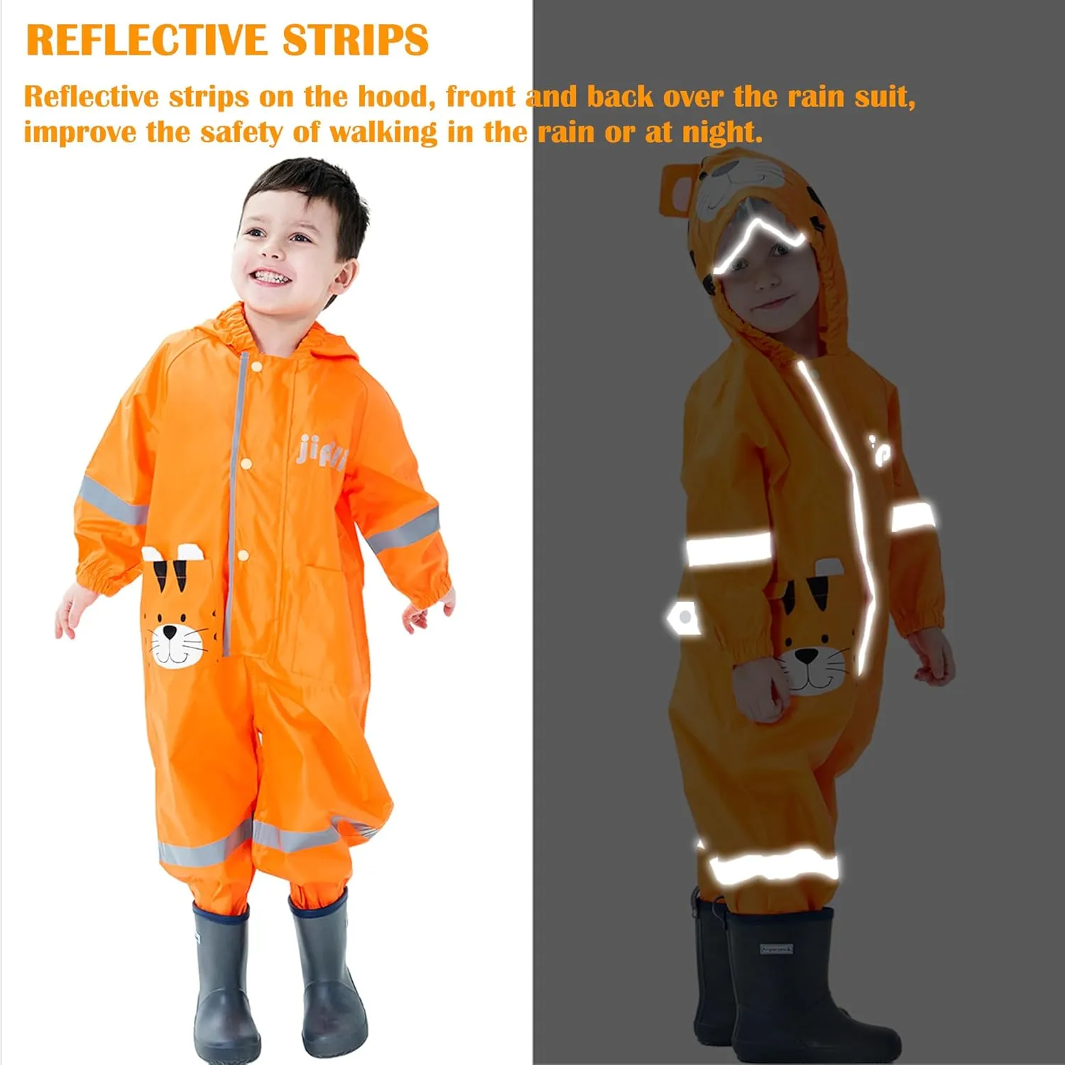 Kids Toddler Rain Suit for Boys Girls One Piece Hoodie Zipper Cute Cartoon Waterproof Rain Jacket 1-10 Years S-XL Size