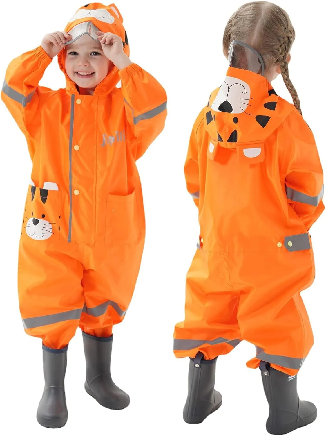 Kids Toddler Rain Suit for Boys Girls One Piece Hoodie Zipper Cute Cartoon Waterproof Rain Jacket 1-10 Years S-XL Size