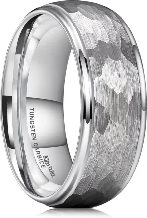 King Will Hammered 8mm Silver Tungsten Ring Hammer Multi-Faceted Men Wedding Band Polished Domed Brushed Step Edge Comfort Fit